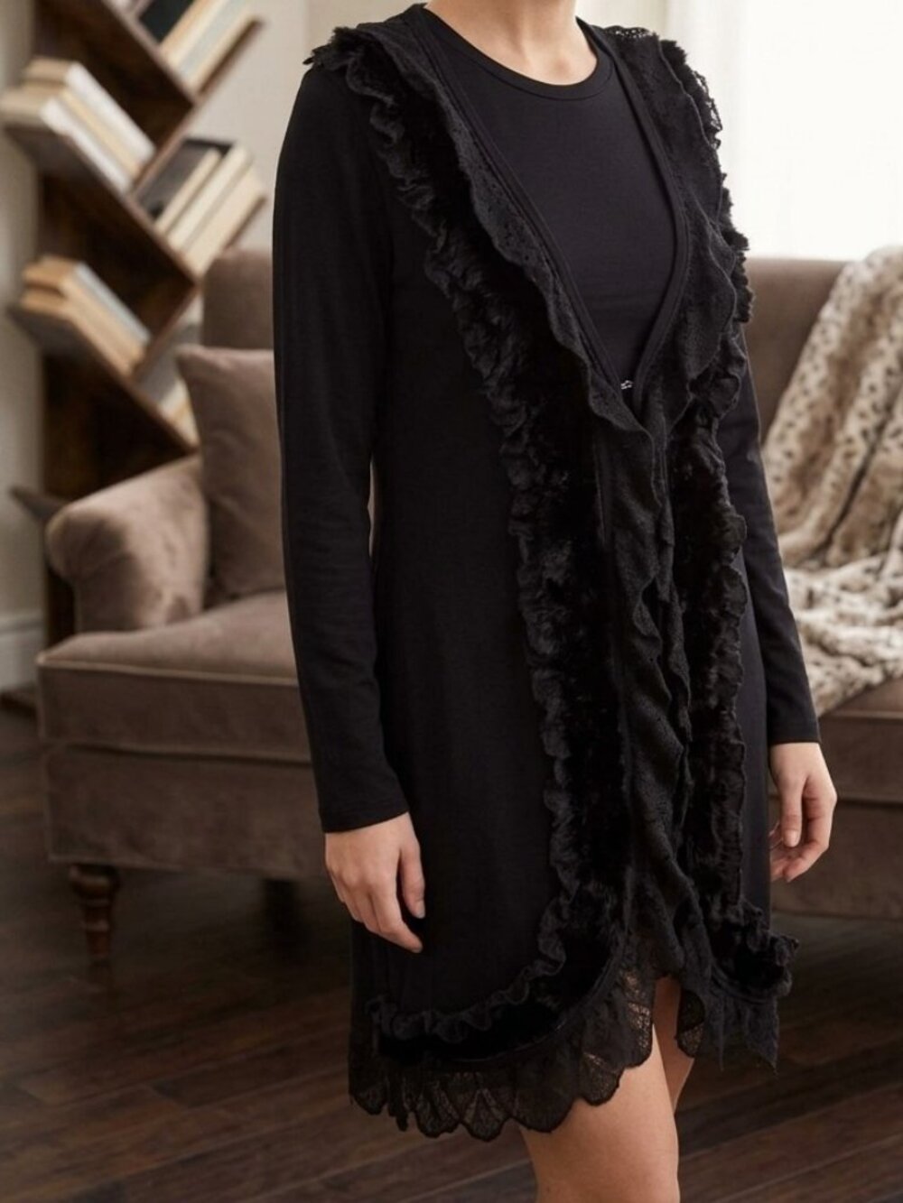 2012 Dolce Cabo knit duster cardigan Rabbit Fur lace Lyocell